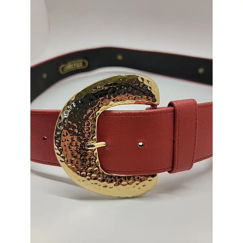 CARLISLE Vintage Leather XL Red Belt W/Hammered Gold Tone Disks Statement Buckle
